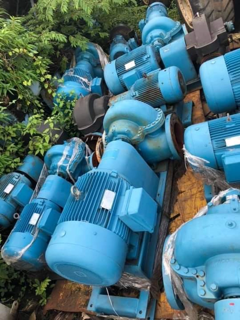 Several large blue electric motors and pumps, ideal for Sell Scrap & 回收, are stacked outdoors on wooden pallets amid green plants. The used equipment is grouped closely together, ready for collection or recycling.